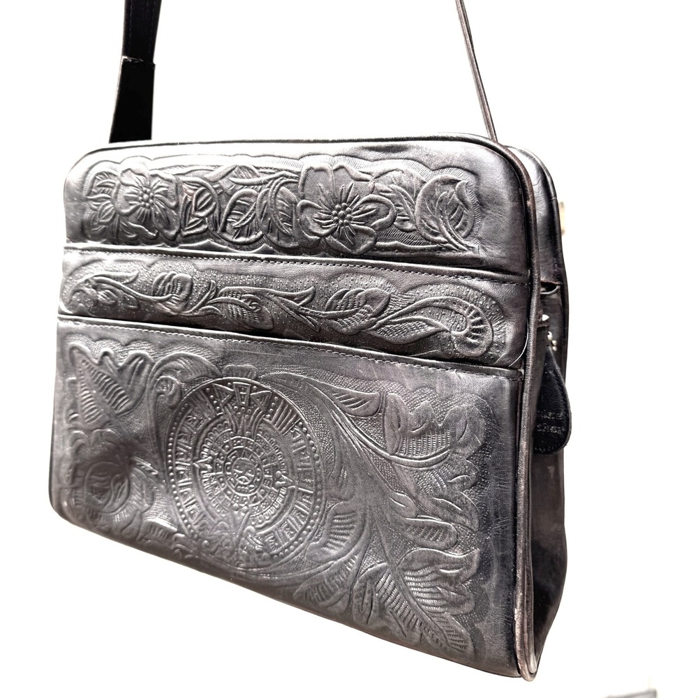 Avelar Vintage Hand Tooled Leather‎ Shoulder Bag Aztec Calendar Floral Mexico